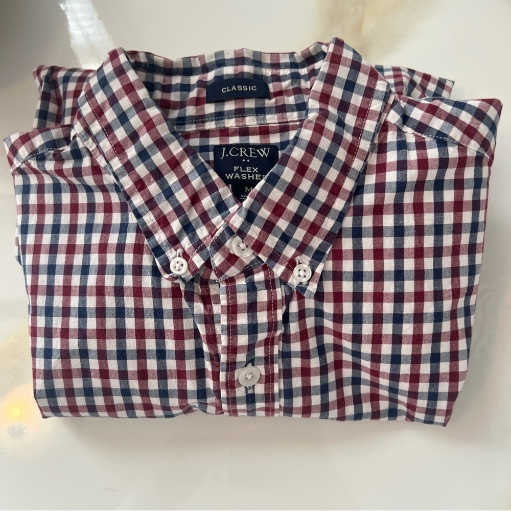 J. Crew Men's Burgundy and Navy Plaid Shirt